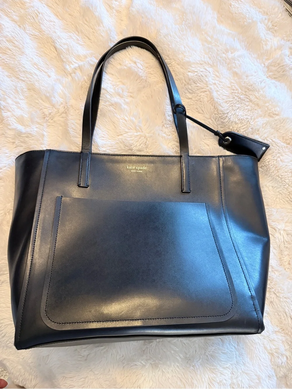 kate spade Black Leather Tote with Front Pocket and Tag